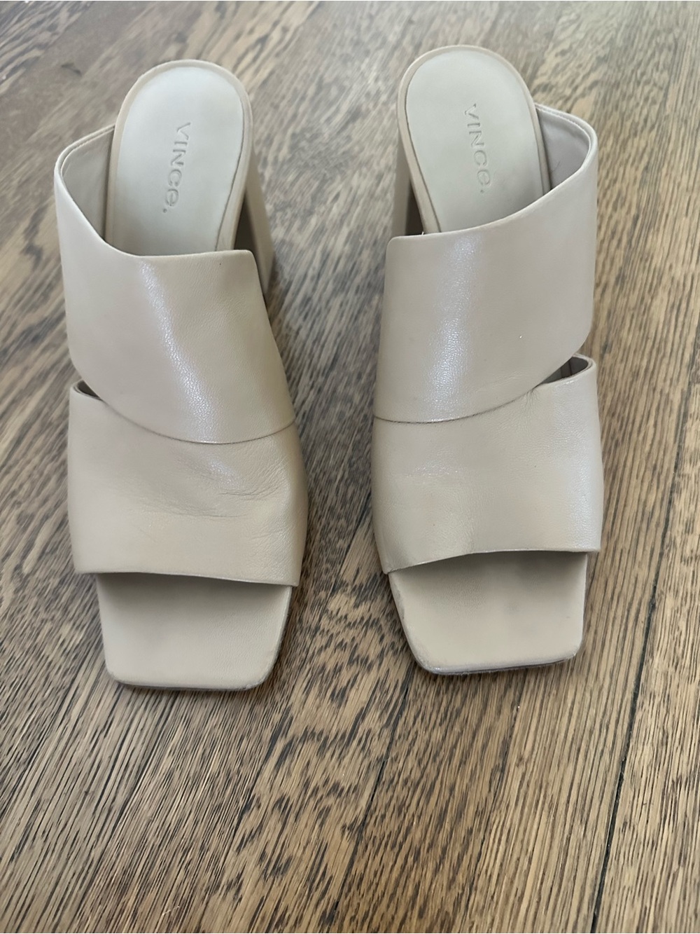 Vince Beige Double-Band Leather Slide Mules